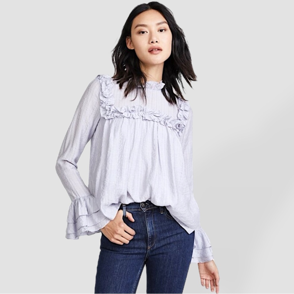 English Factory Ruffle Trim Tiered Sleeve 70s Cottagecore Pinstriped Blouse